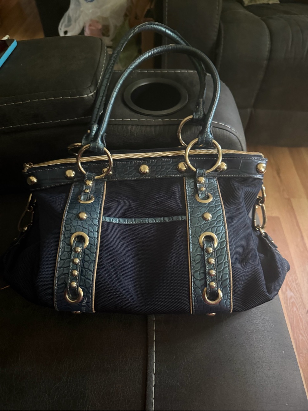 Kathy Van Zeeland Navy and Teal Satchel with Gold Hardware